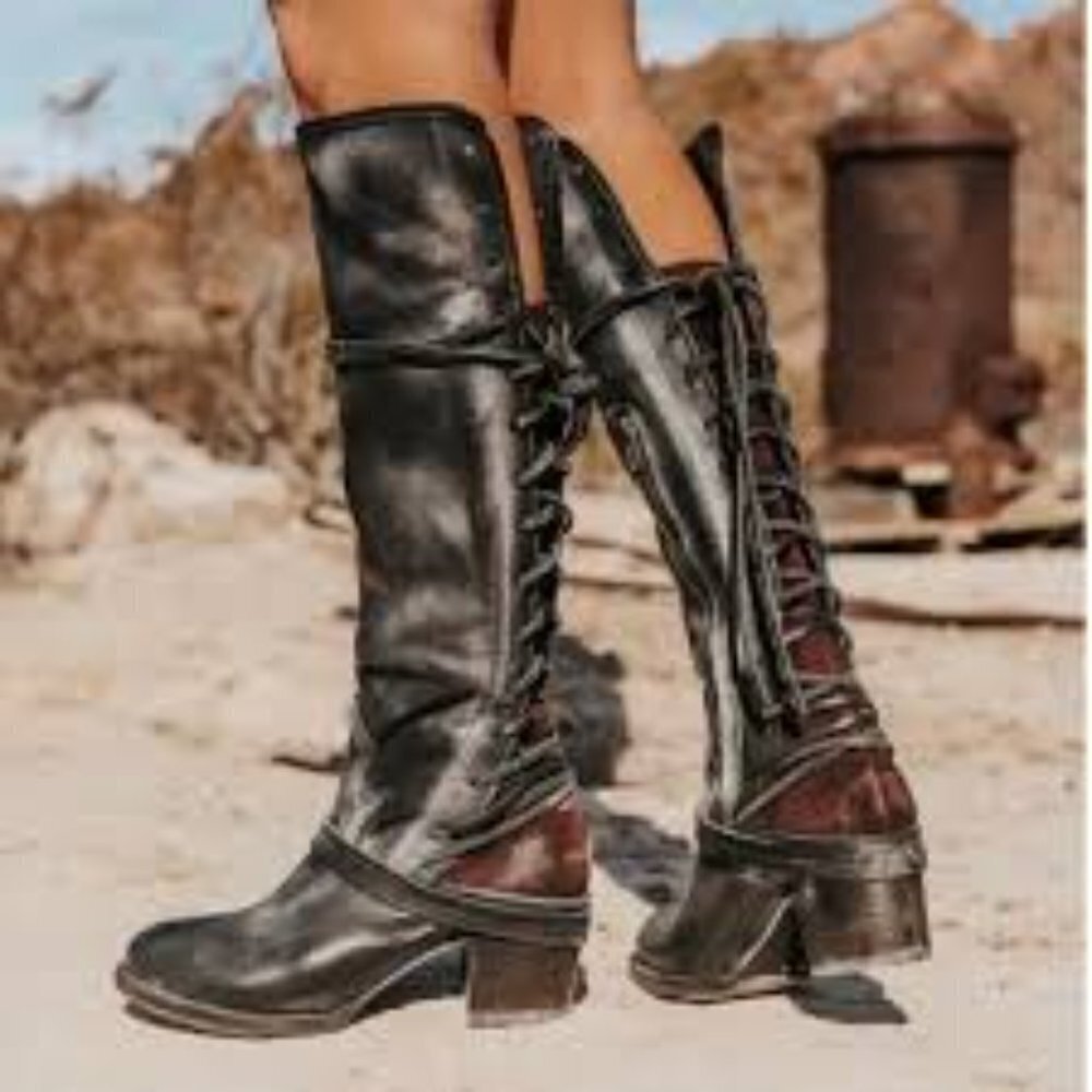 Freebird by Steven Black Leather Lace-Up Knee Boots with Brown Accents
